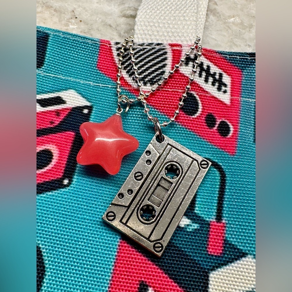New 80s Style Retro Technology Shopping Bag Tote w/ Cassette Tape Charm - 16” - Picture 6 of 10
